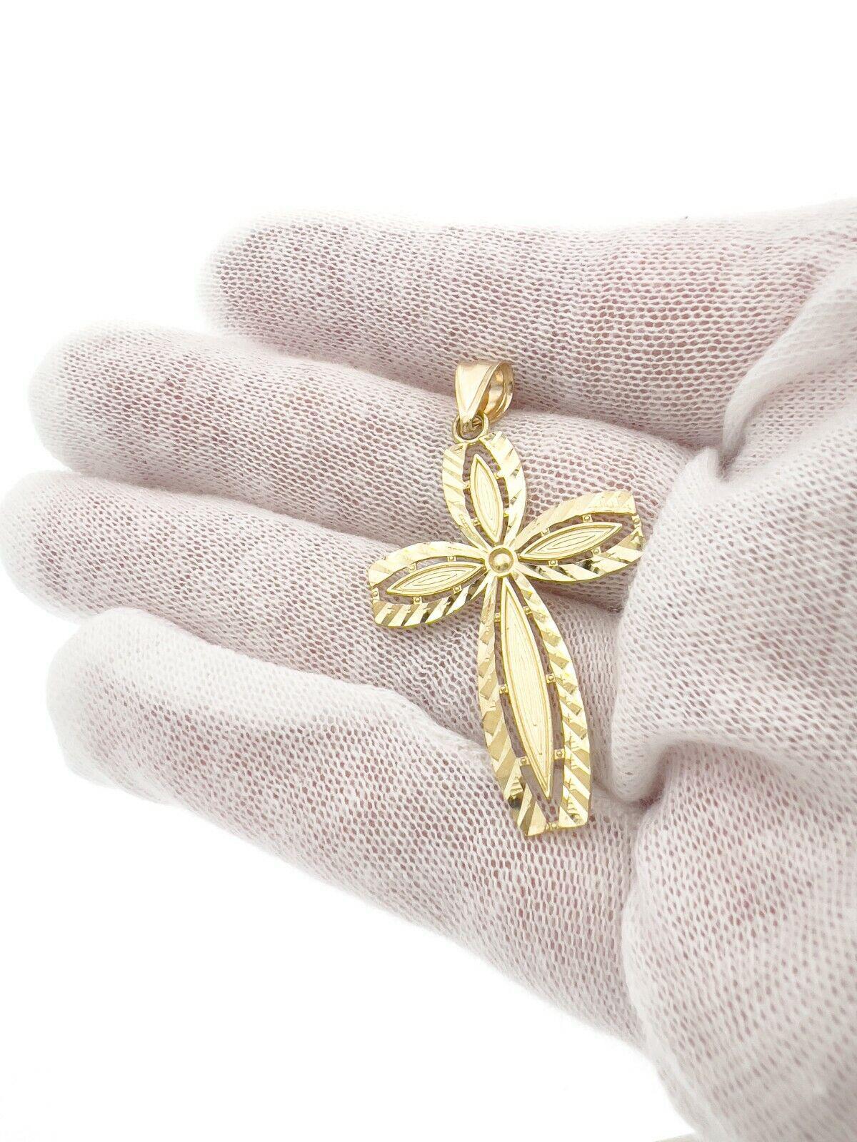 10k Yellow Gold Cross Pendant Charm Diamond Cut 1.9 inch