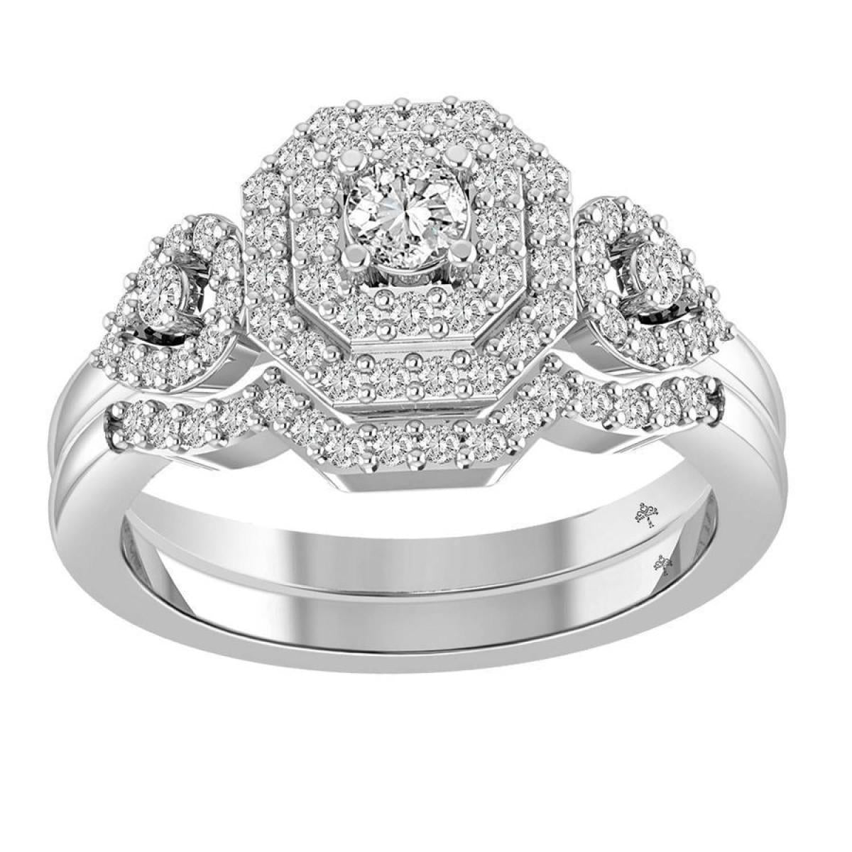0.75cttw Round Diamond Octagon Womens Wedding Bridal Ring Set 14k White Gold