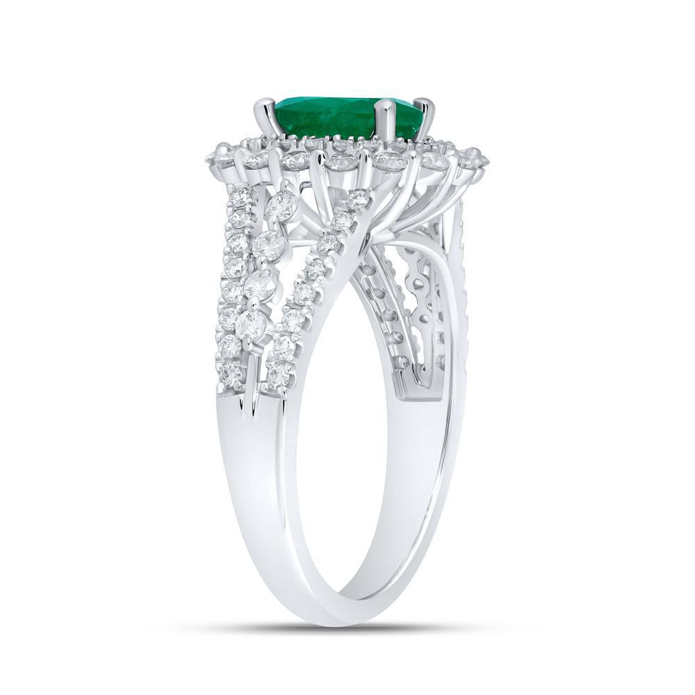 Natural Oval Emerald & Diamond Round Womens Ring 14k White Gold 1.87 Cttw