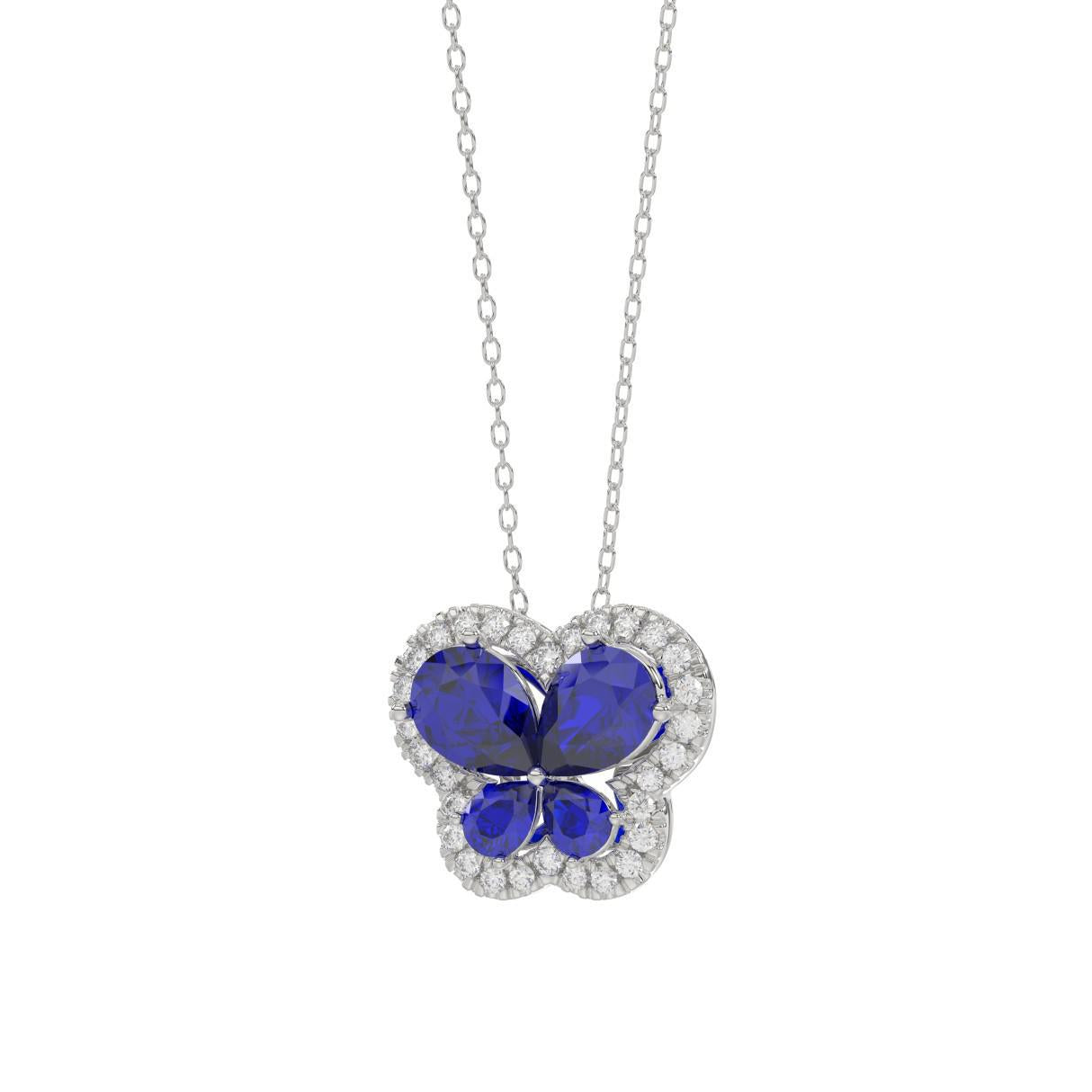 1.70ct Lab Grown Pear Blue Sapphire & Diamond Butterfly IGI Pendant 14k Gold