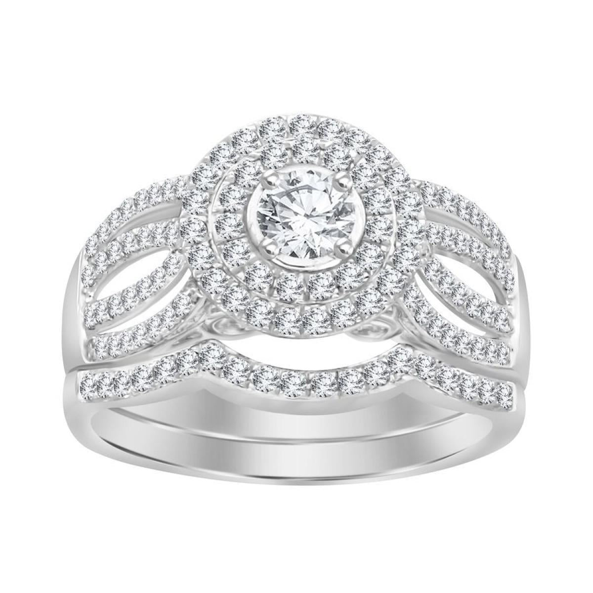 0.75 cttw Diamond Round Cluster Bridal Wedding Ring Set 14k White Gold