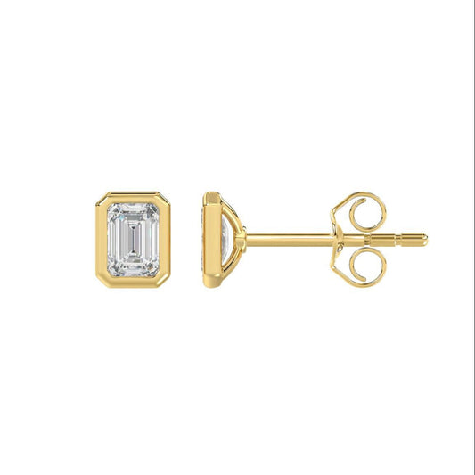 1ct Diamond Lab Grown Emerald Cut Bezel Stud Earrings 14K Yellow Gold