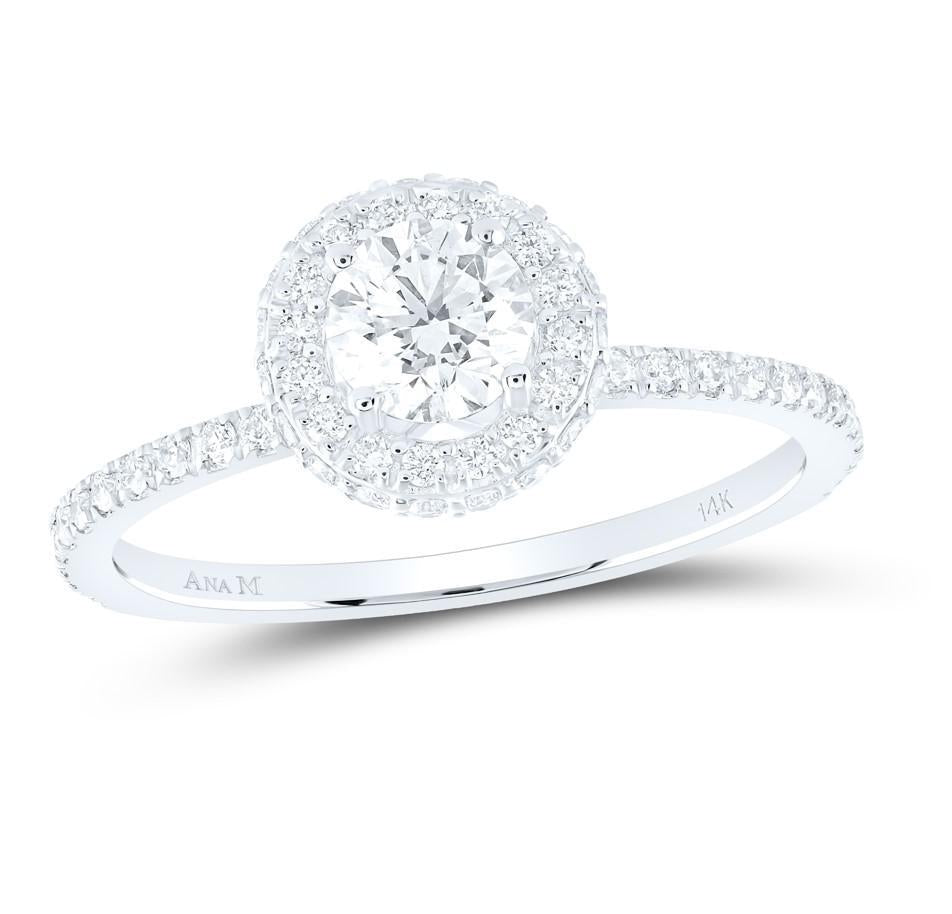 0.88 Cttw Round Diamond Halo Engagement Ring 14k White Gold