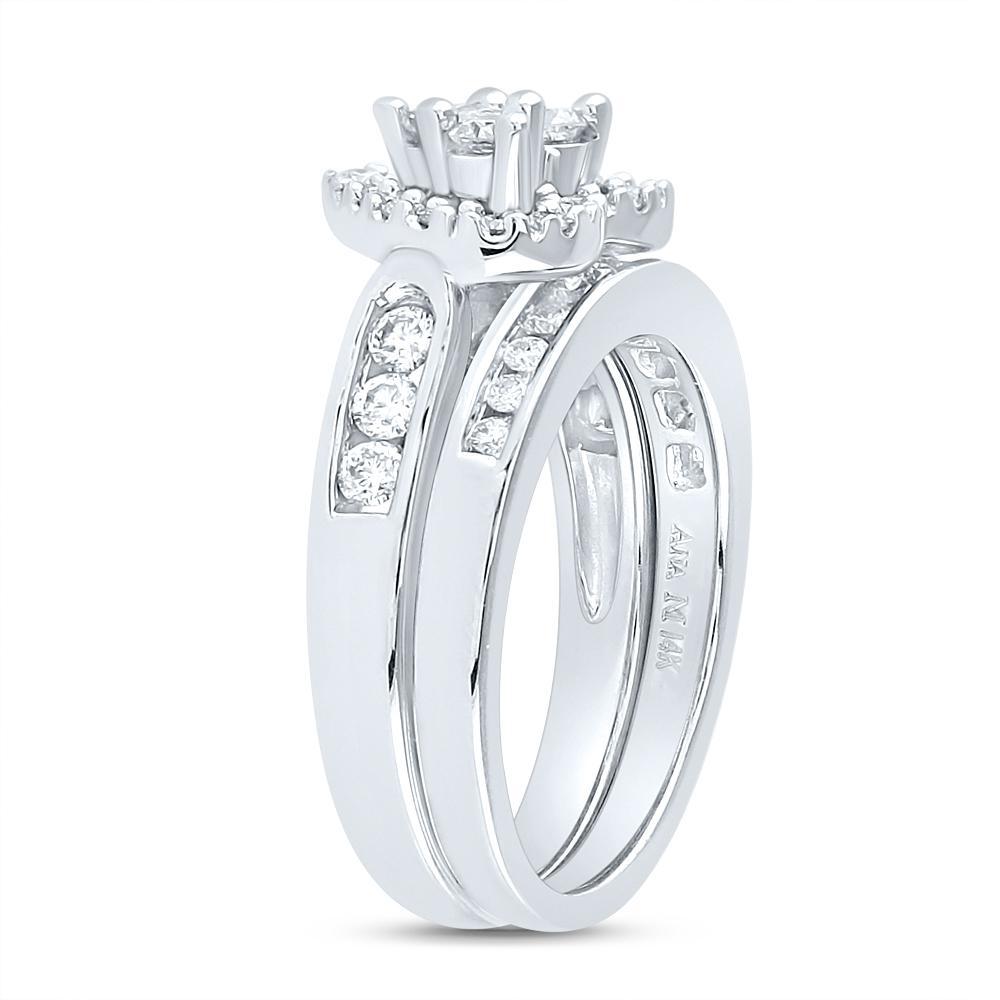 14k White Gold Princess Diamond Heart Cluster Bridal Wedding Ring Band Set 1Cttw