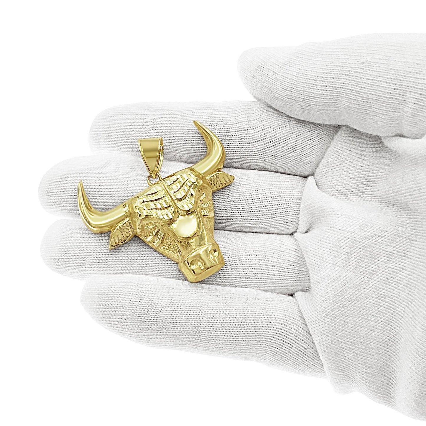 Bull Head Pendant Real 10k Yellow Gold Mens Charm 1.6"
