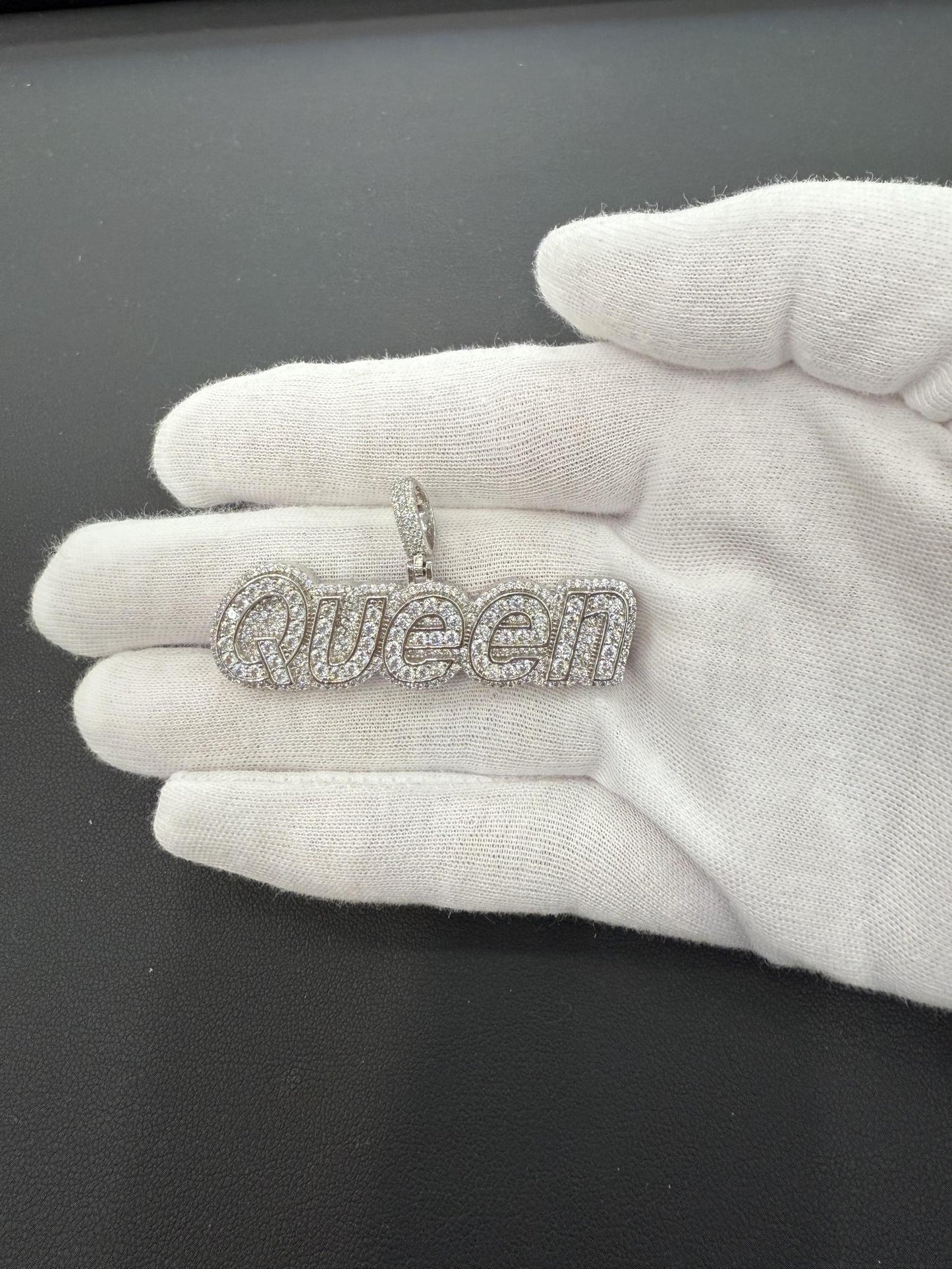 Queen Sign Pendant 925 Sterling Silver CZ Iced Out Bling Charm
