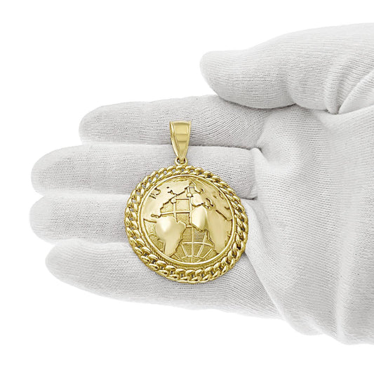 Globe Earth Pendant Mens Charm 10k Yellow Gold 1.5 inch