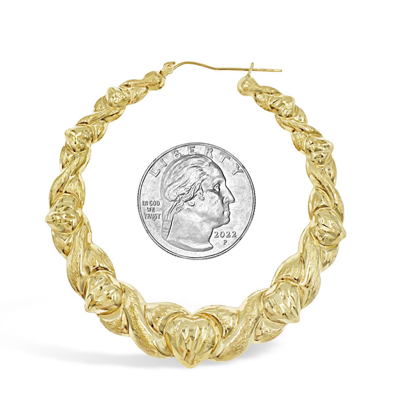 10K Yellow Gold Large Heart XO Hoop Earrings Womens 2.2 Inch