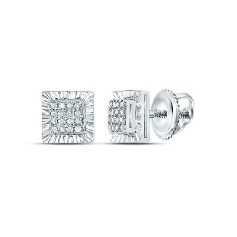 Diamond Square Cluster Mens Earrings Stud 925 Sterling Silver Screw Back