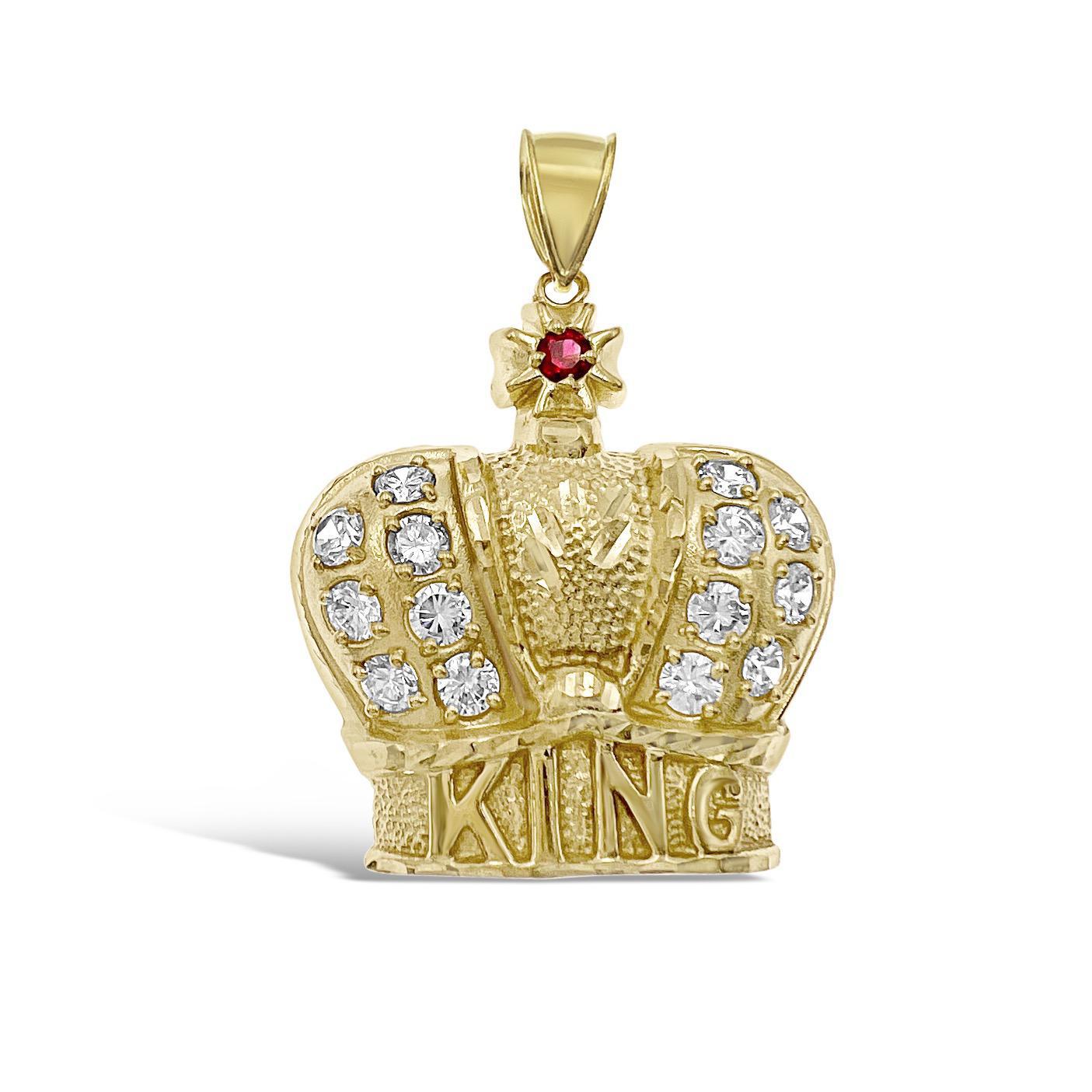 King Crown Pendant Mens CZ Charm 10k Yellow Gold 2 inch