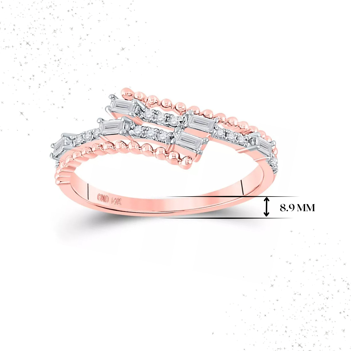 Baguette Diamond Bypass Ring Band 14k Rose Gold Womens