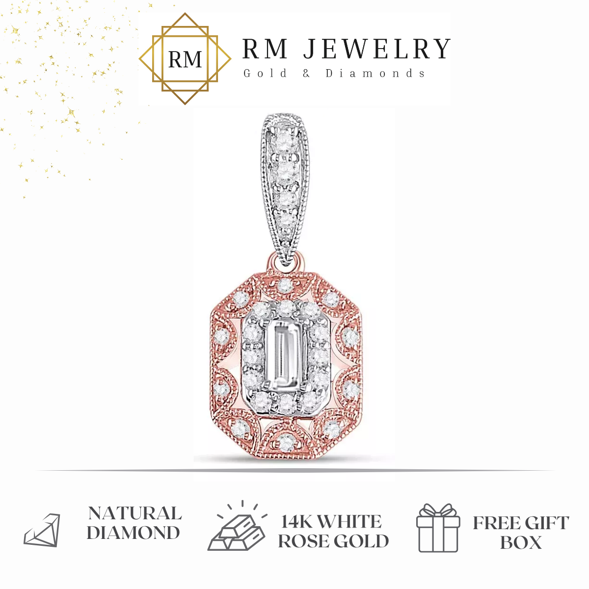 Emerald Diamond Halo Pendant 14k Two-tone Womens Octagon Charm 3/8Cttw