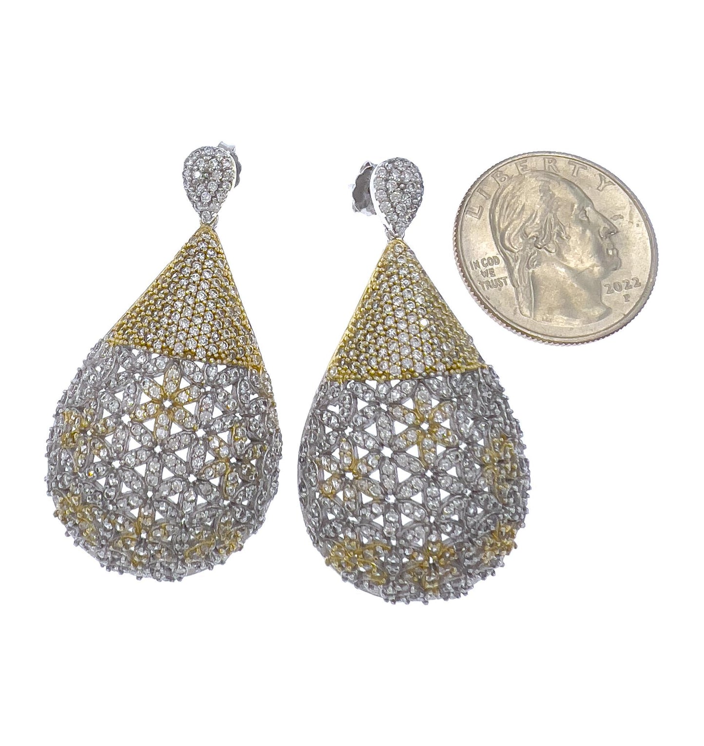 925 Sterling Silver Womens Teardrop Dangle Stud Earrings CZ Two Tone Statement