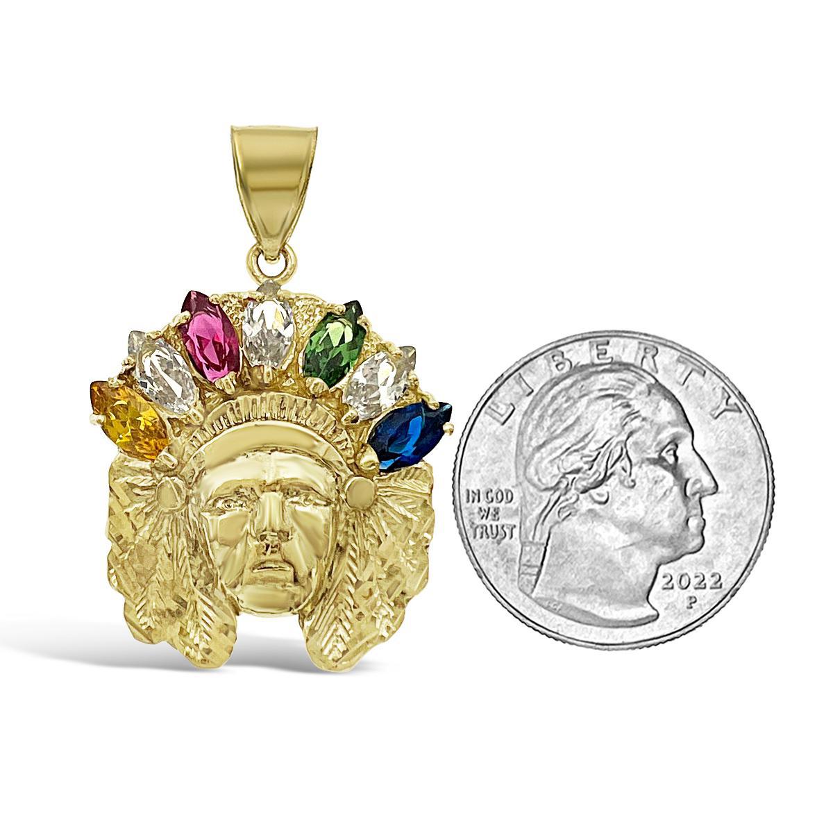 Native Indian Head Rainbow Pendant 10k Yellow Gold Charm 1.7"