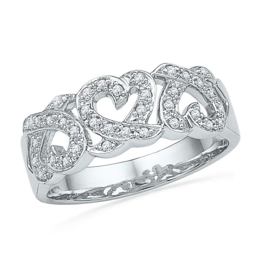 0.20ctw Diamond Triple Heart Band Ring 10k White Gold Womens