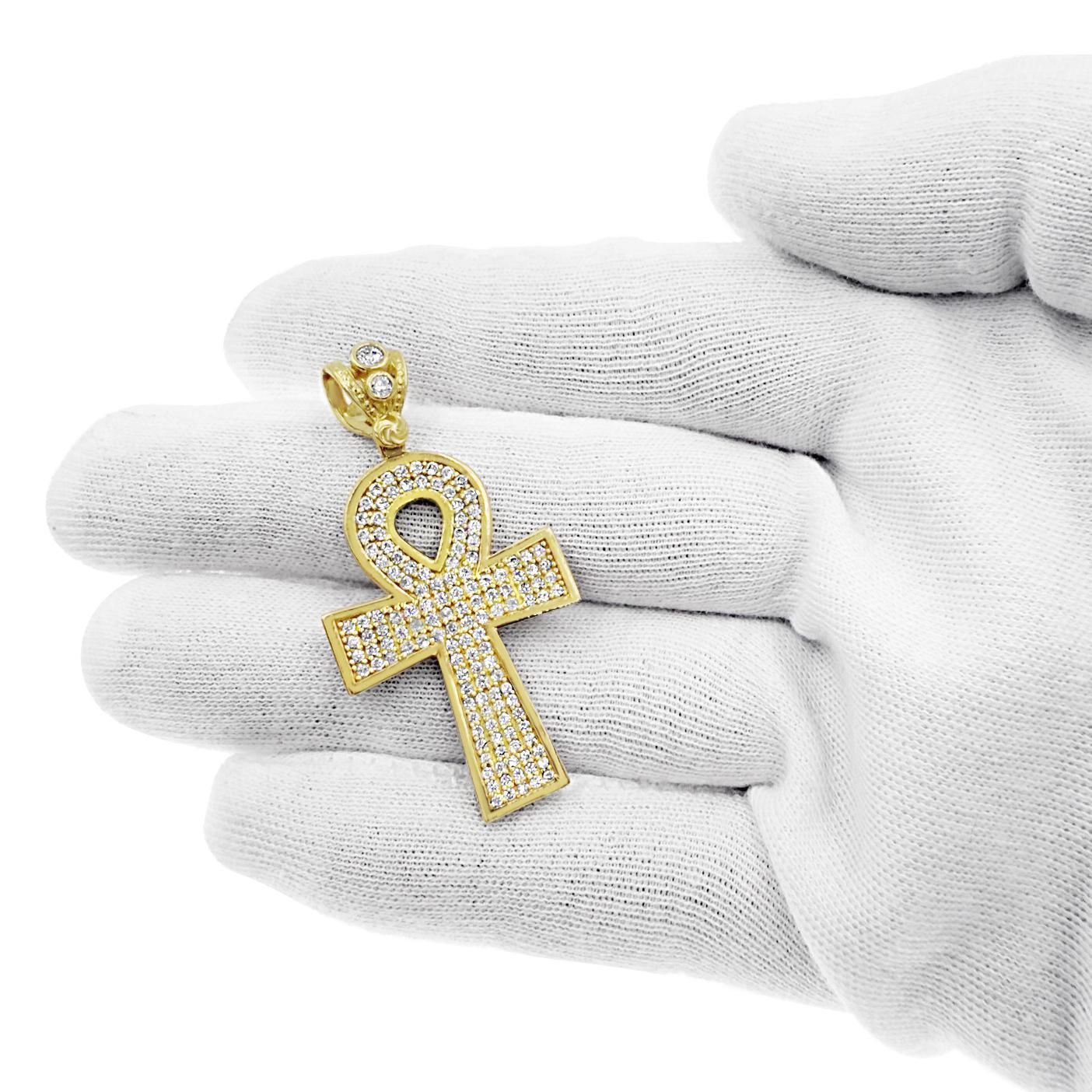 14k Gold Ankh Cross Pendant CZ Iced Out Egyptian Life Symbol Charm 1.8 inch