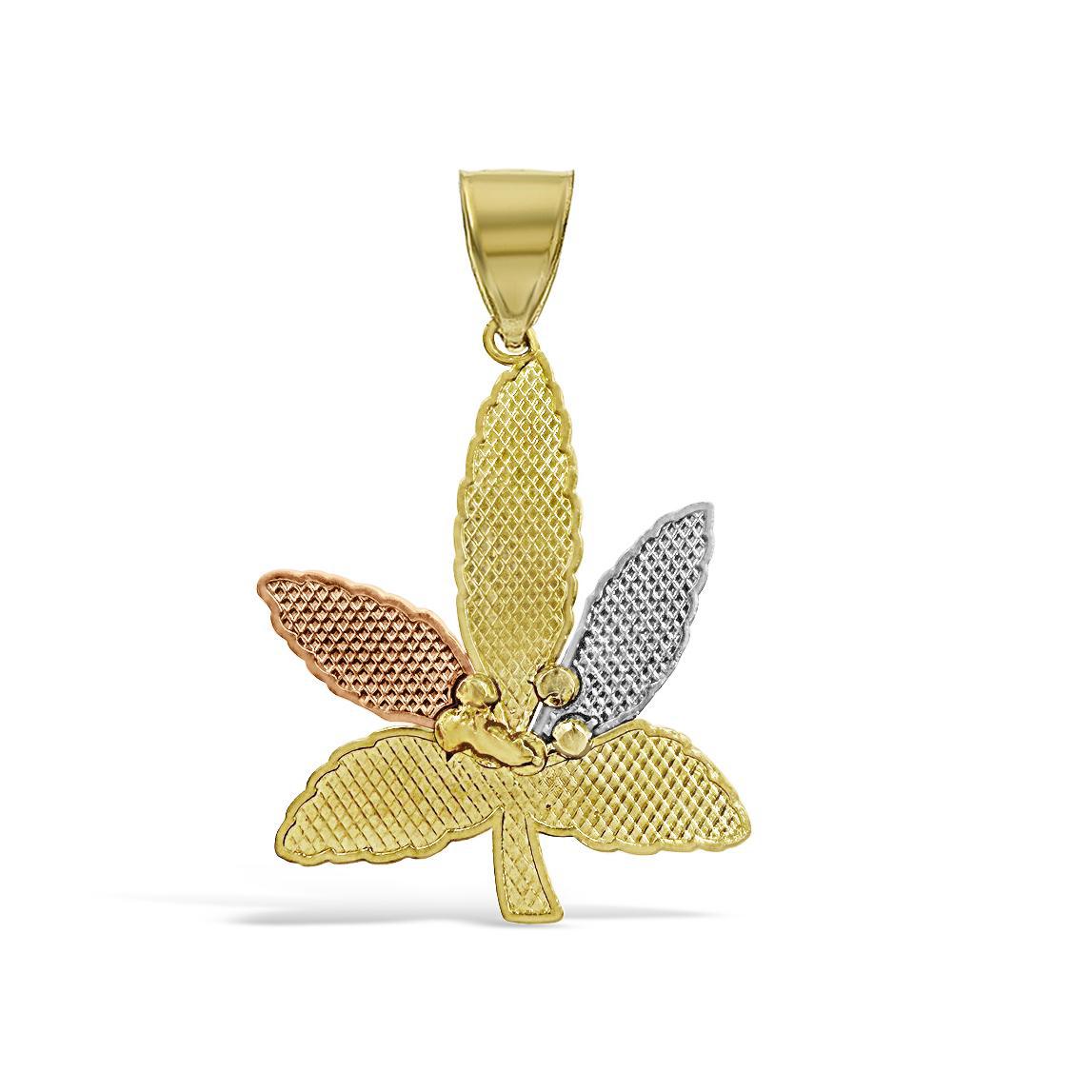 Marijuana Leaf Pendant 10k Tri Color Gold Cannabis Weed Pot Mens Charm 1.3 inch