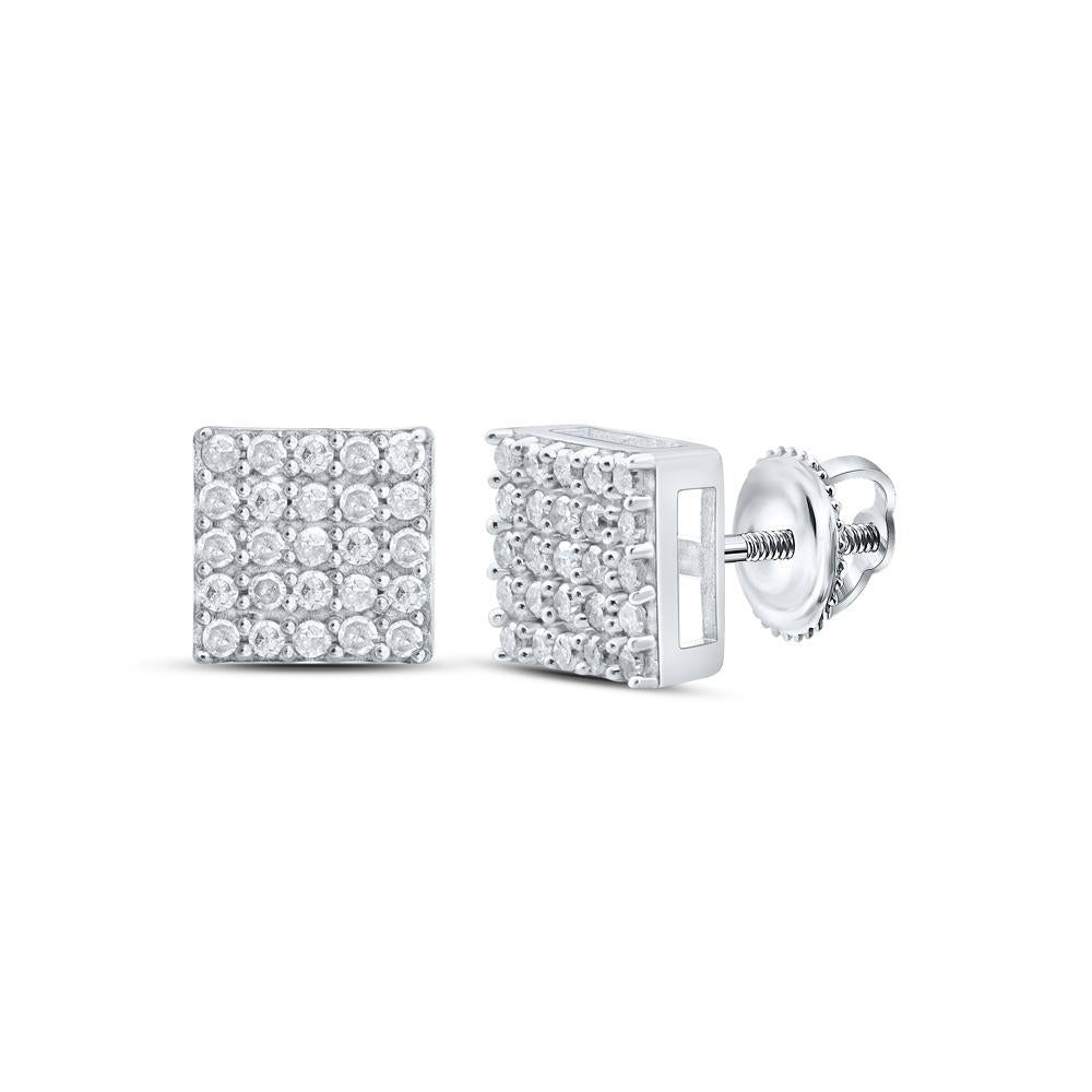 0.31ctw Diamond Square Stud Cluster Earrings 925 Sterling Silver Mens Screw Back