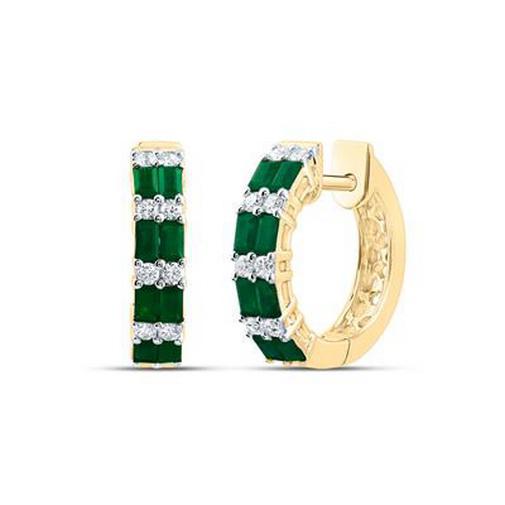 Baguette Natural Emerald & Diamond Hoop Womens Earrings 14k Yellow Gold 1.12cttw