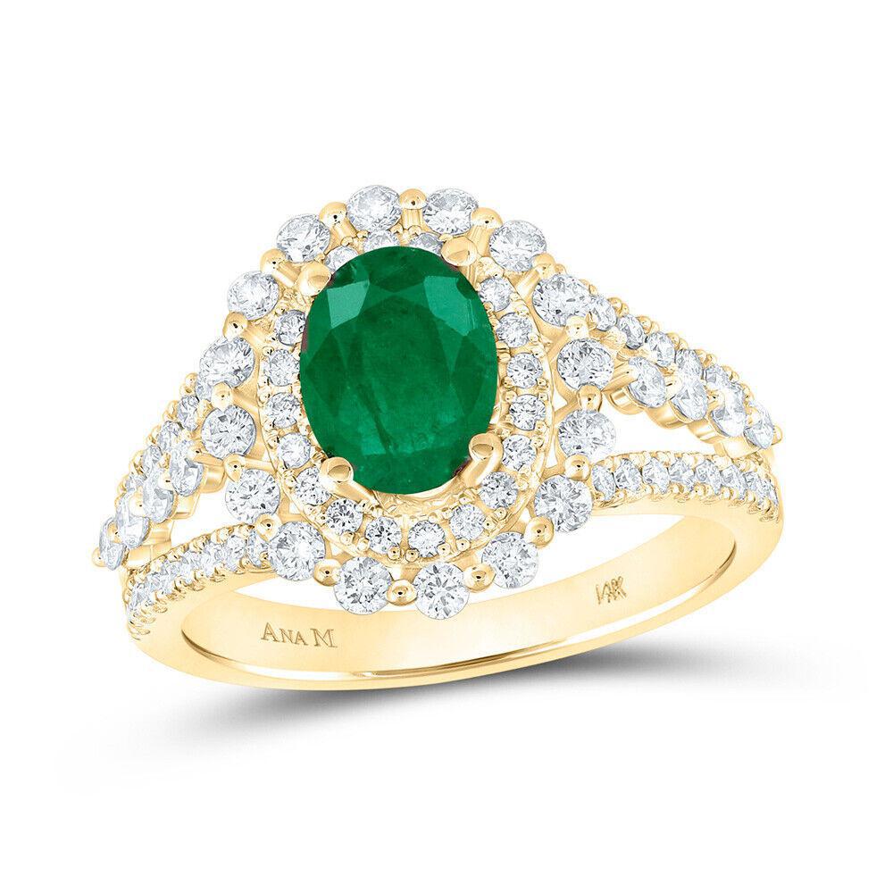 Natural Solitaire Oval Emerald & Round Diamond Ring 14k Yellow Gold 1.88 Cttw