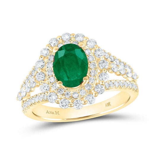 Natural Solitaire Oval Emerald & Round Diamond Ring 14k Yellow Gold 1.88 Cttw