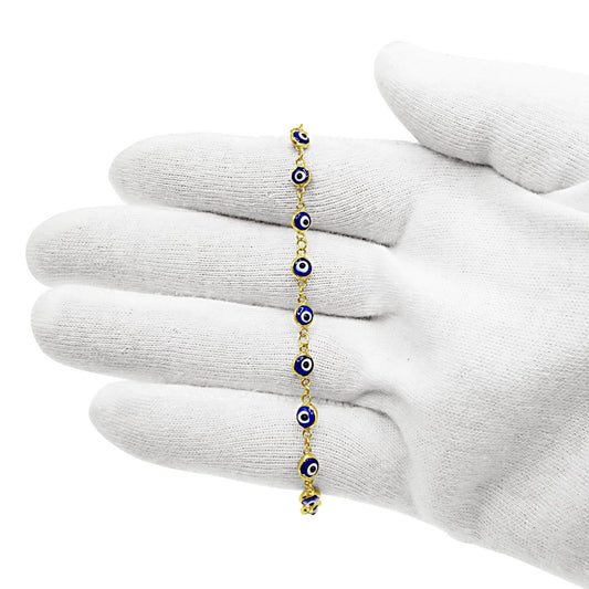 10K Yellow Gold Blue Evil Eye Anklet Adjustable
