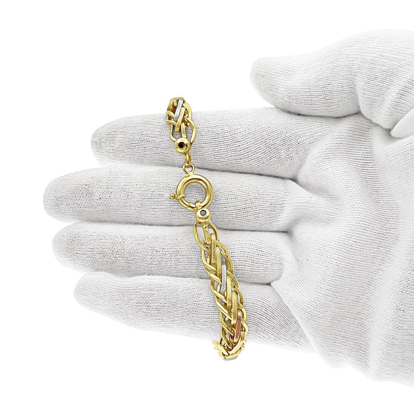 14k Tri Color Gold Wheat Polished and Textured Link Bracelet 8mm 8 inch