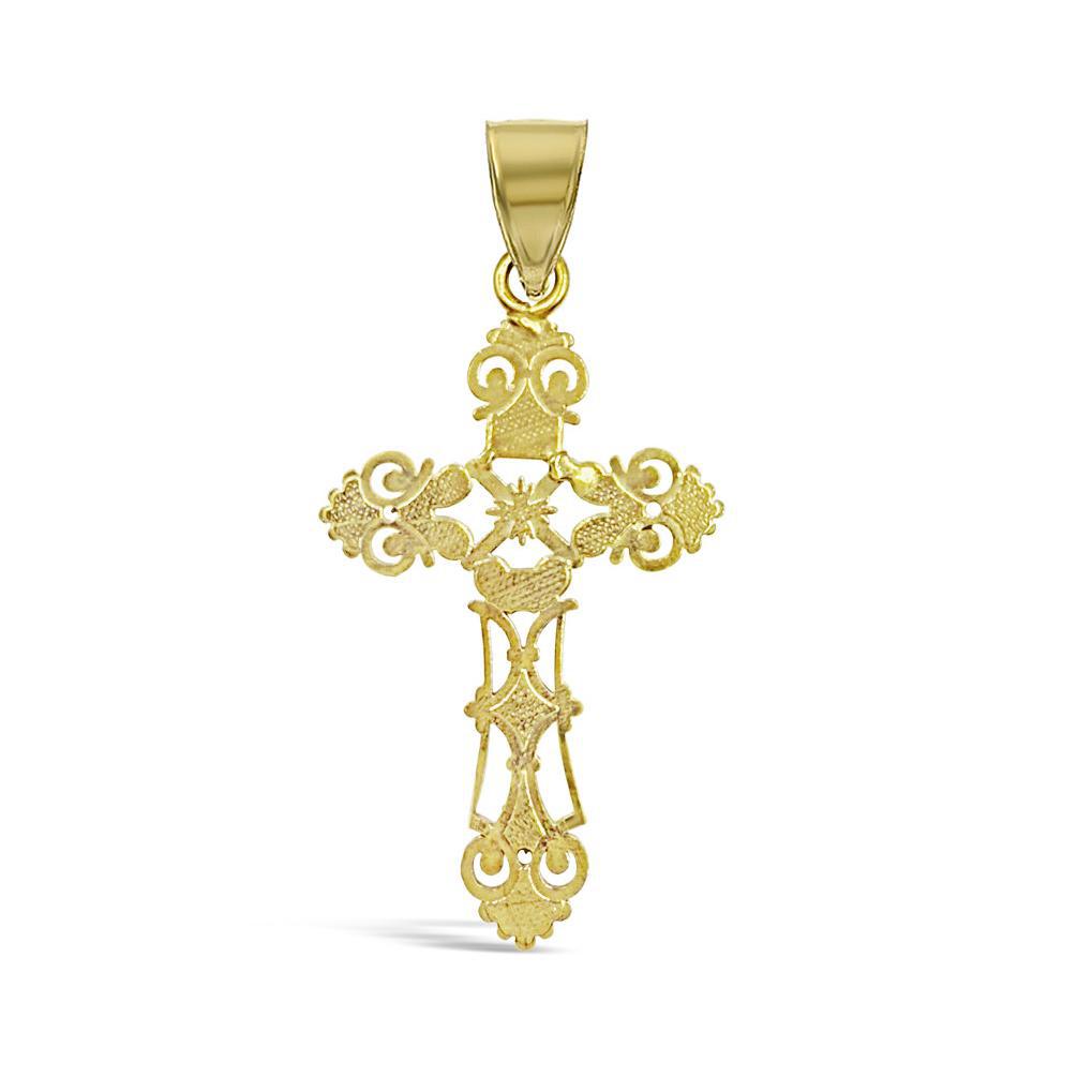10K Yellow Gold INRI Filigree Cross Pendant Religious Charm 1.3 inch