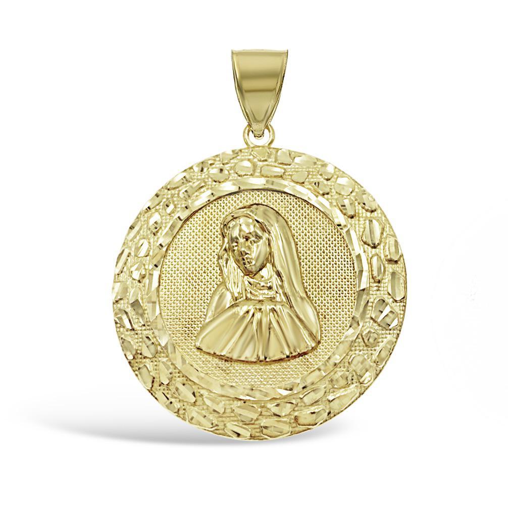 Virgin Mary Pendant Lady Guadalupe Charm 10k Yellow Gold 1.6 inch