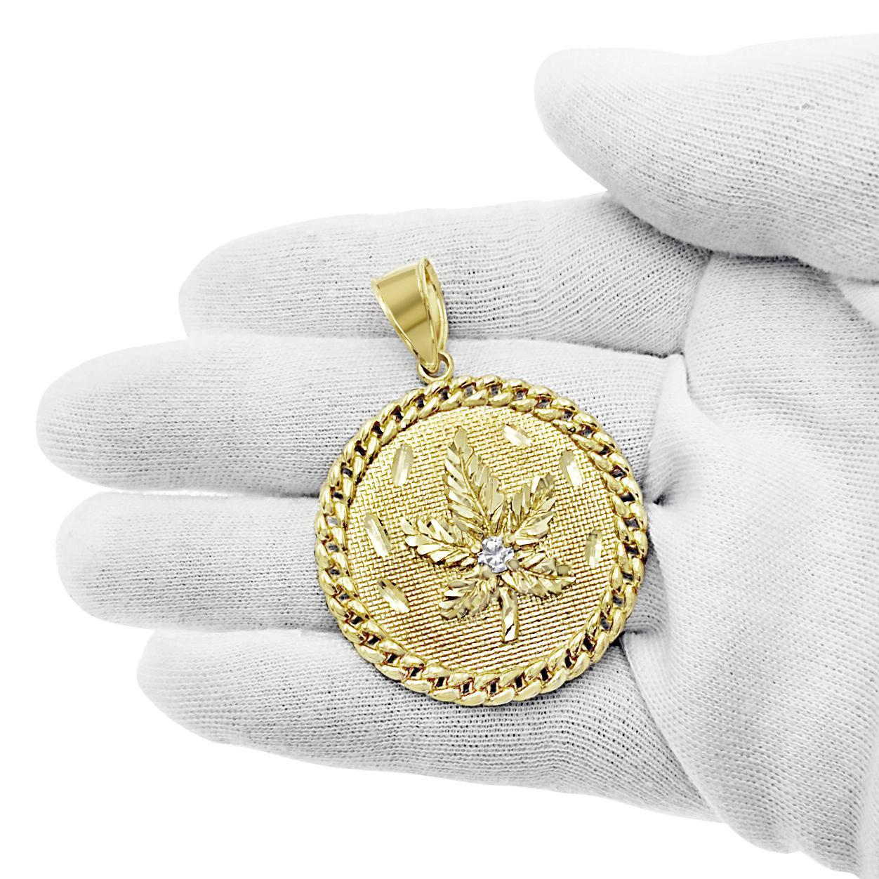 Marijuana Leaf Pendant 10k Yellow Gold Cannabis Weed Pot Mens CZ Charm 2 inch