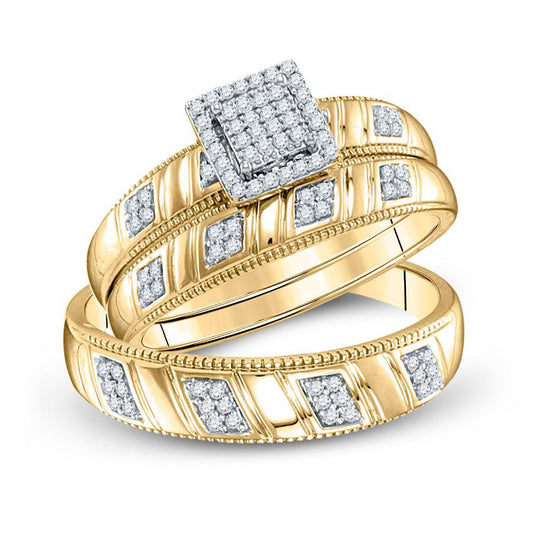 0.25ctw Diamond Square Trio Set His Her Wedding Ring Set 925 Sterling Silver