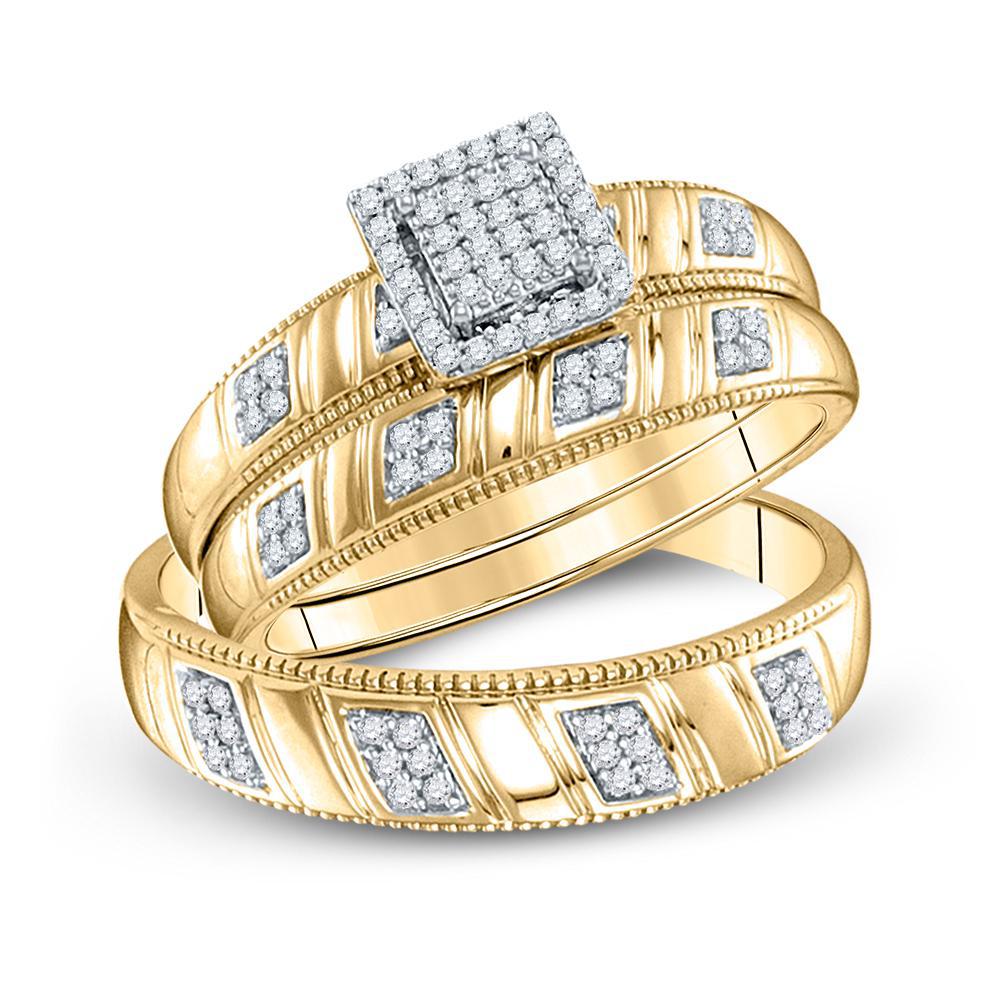 0.25ctw Diamond Square Trio Set His Her Wedding Ring Set 925 Sterling Silver