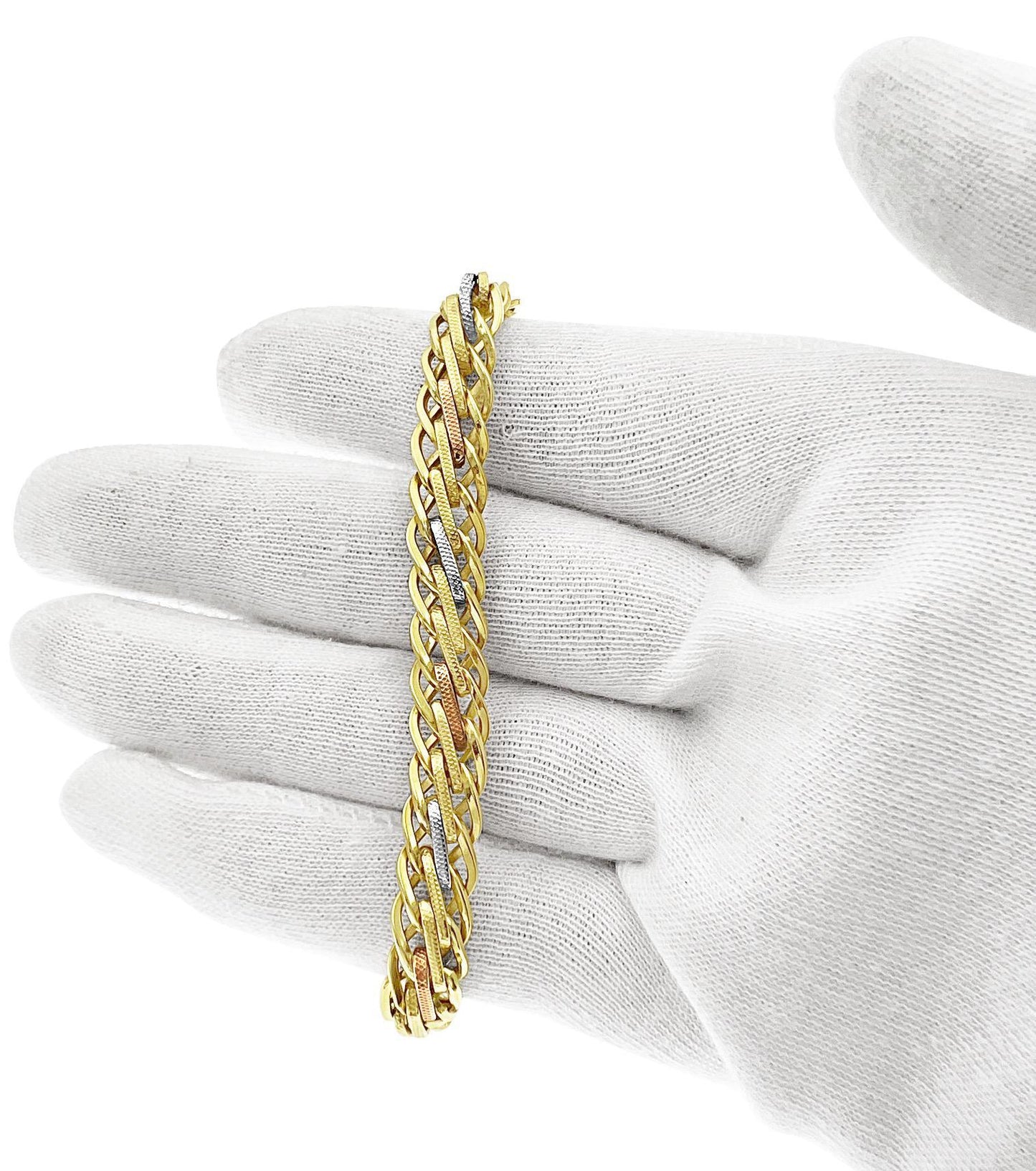14k Tri Color Gold Wheat Polished and Textured Link Bracelet 8mm 8 inch