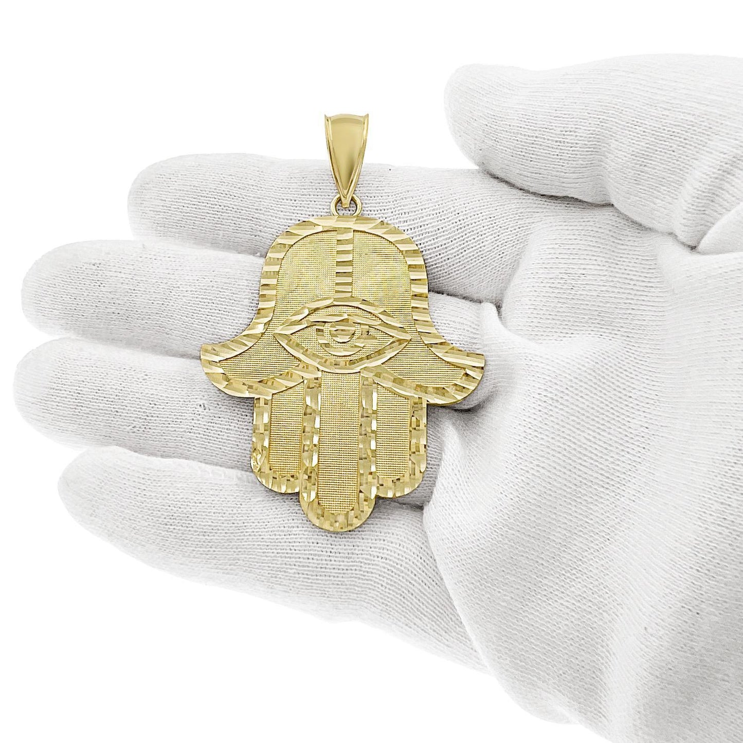Hamsa Fatima Hand Pendant Mens Charm Real 10k Yellow Gold Charm 2.5 inch