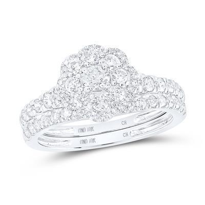 1 Cttw Round Diamond Flower Cluster Bridal Wedding Ring Band Set 10k White Gold
