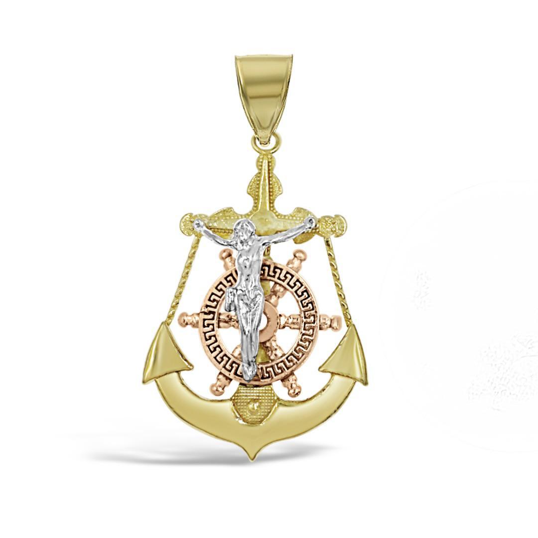 Anchor Jesus Crucifix Cross Mens Pendant 10k Tri Color Gold Charm 1.5 inch