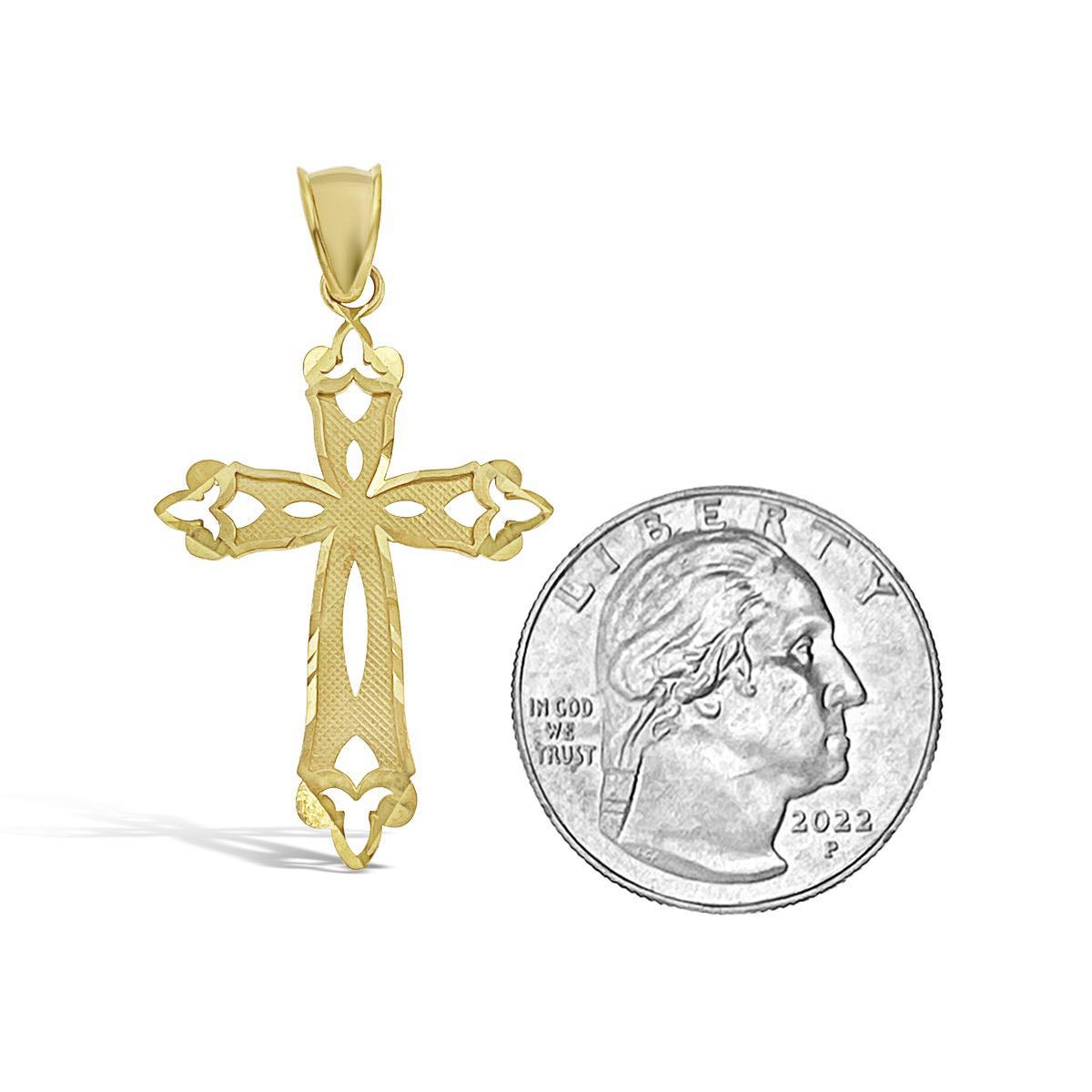 Cross Pendant Charm Diamond Cut 10k Yellow Gold 1.6 inch