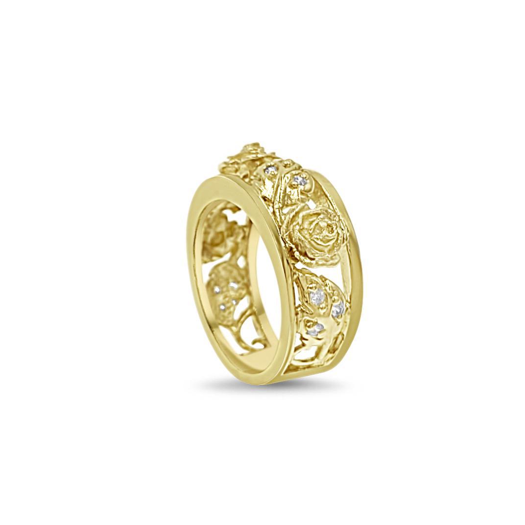 14K Yellow Gold Rose Band Ring CZ Openwork