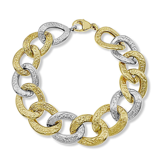 14k Two Tone Gold Hammered Bracelet Curb Link Chain Yellow White 8 inch