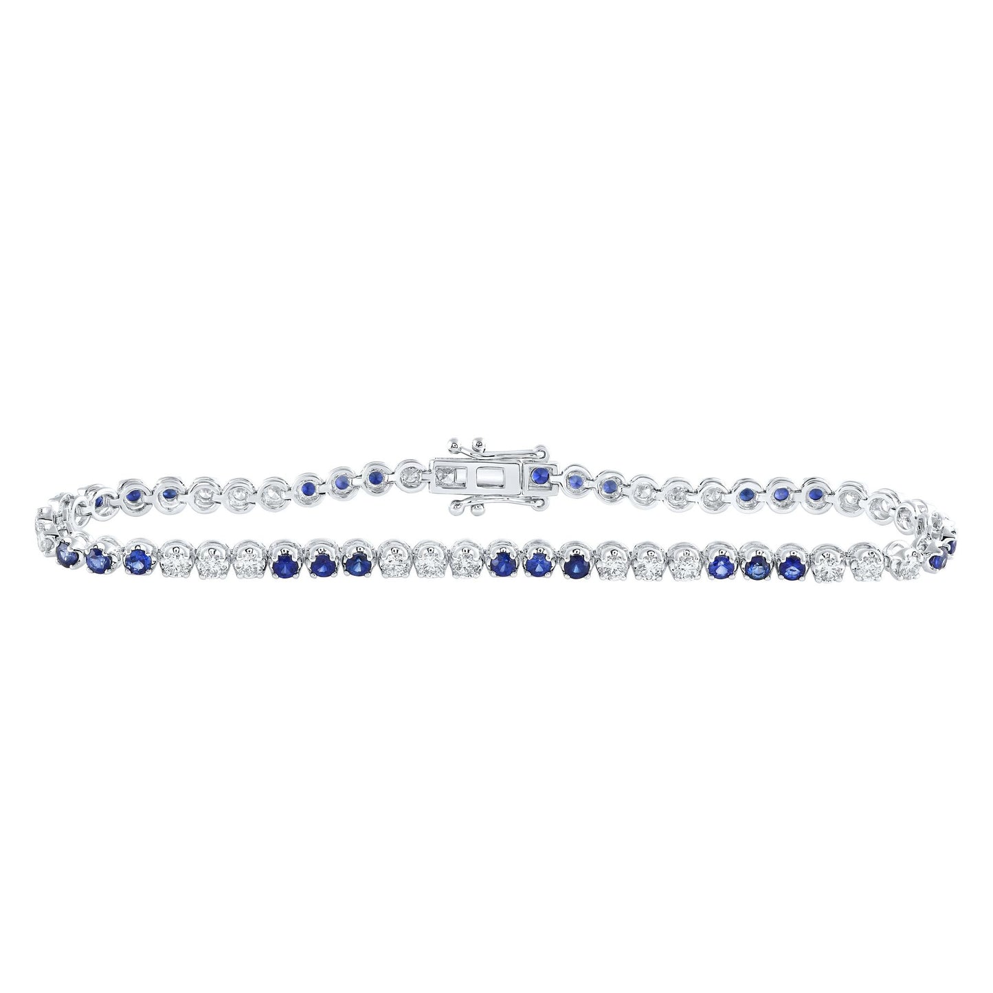 Natural Blue Sapphire & Diamond Round Tennis Bracelet 14k White Gold 3.33 Cttw