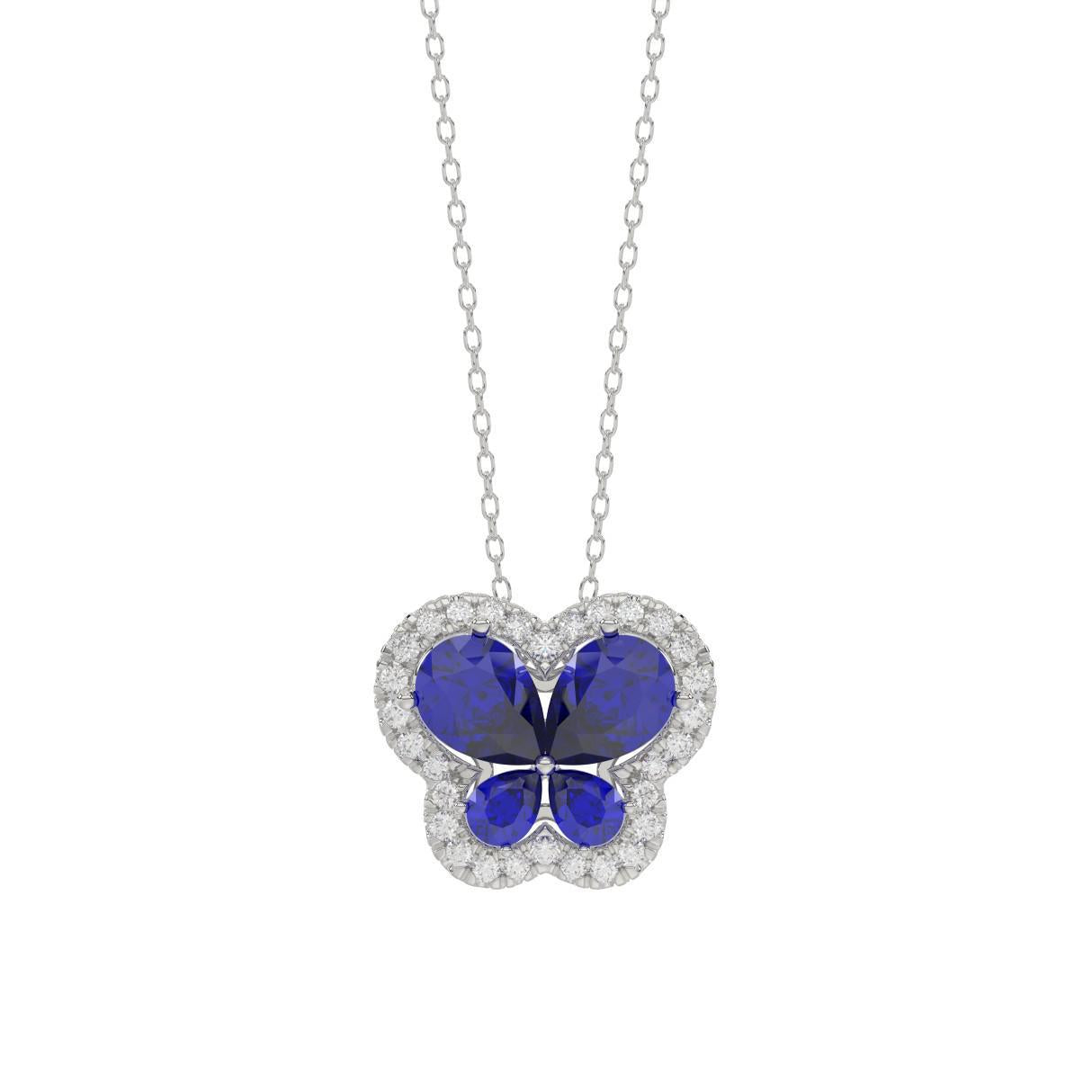 1.70ct Lab Grown Pear Blue Sapphire & Diamond Butterfly IGI Pendant 14k Gold