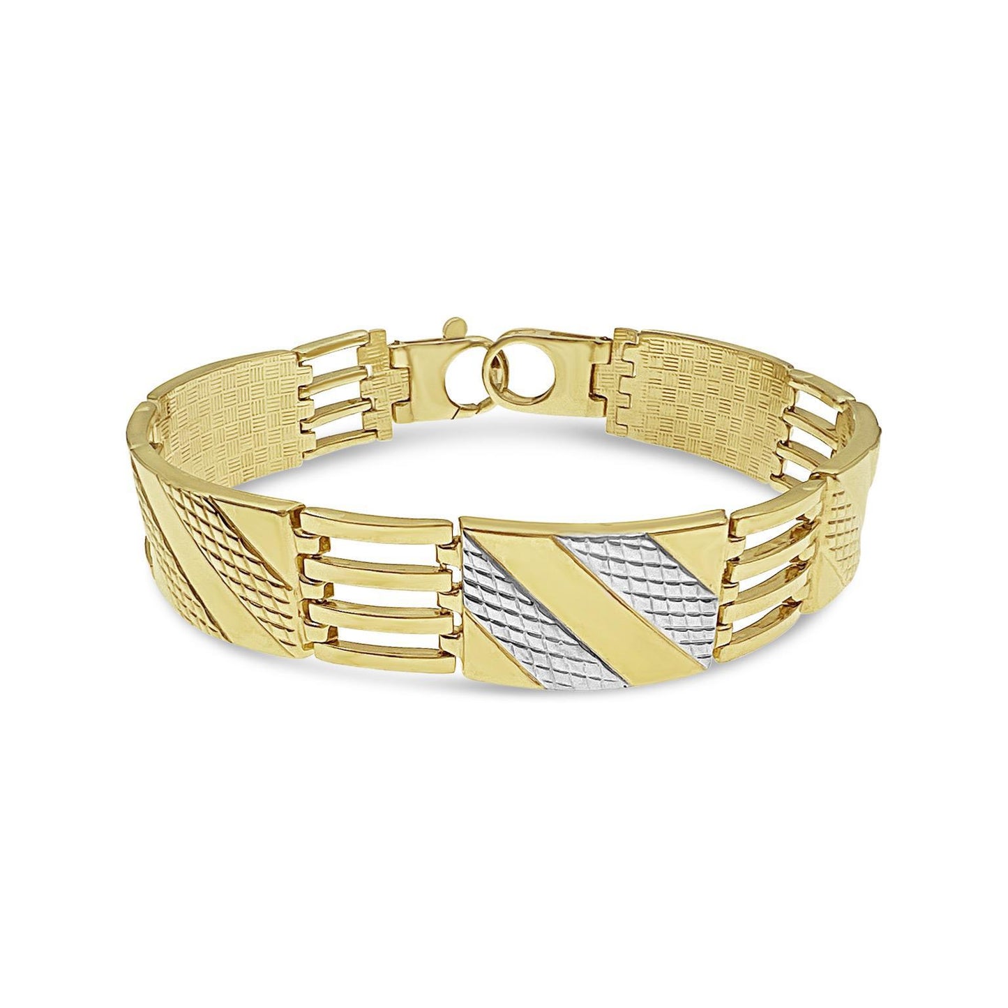 10k Gold 15mm Mens Textured Diagonal Design Bracelet Two Tone Railroad Style