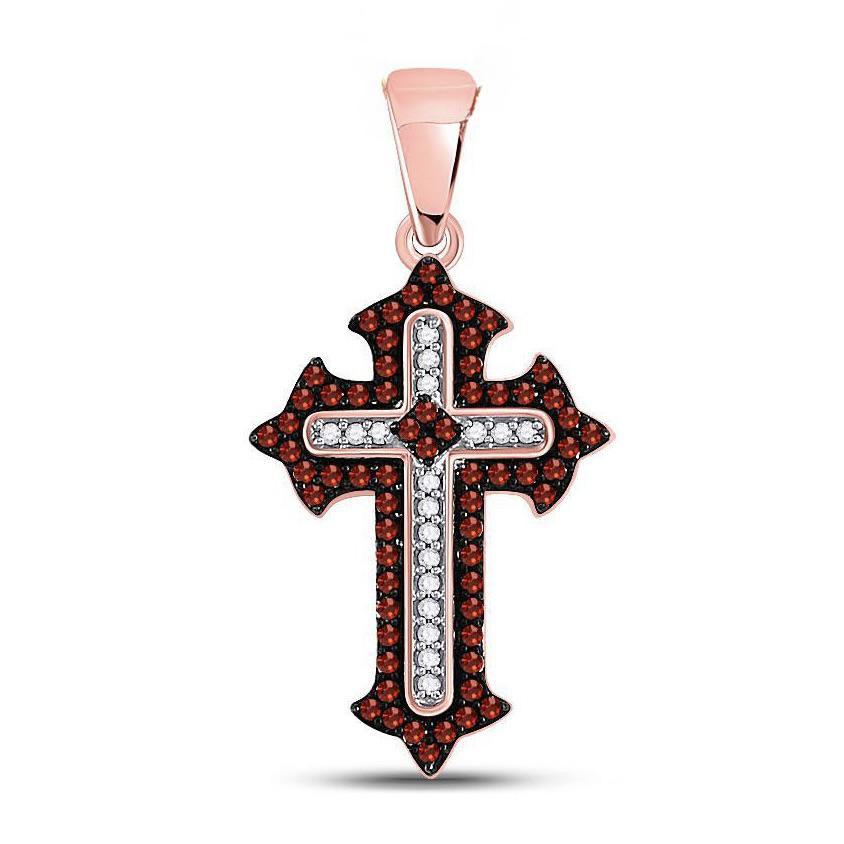 0.21ctw Diamond Cross Pendant Red White 10K Rose Gold Charm