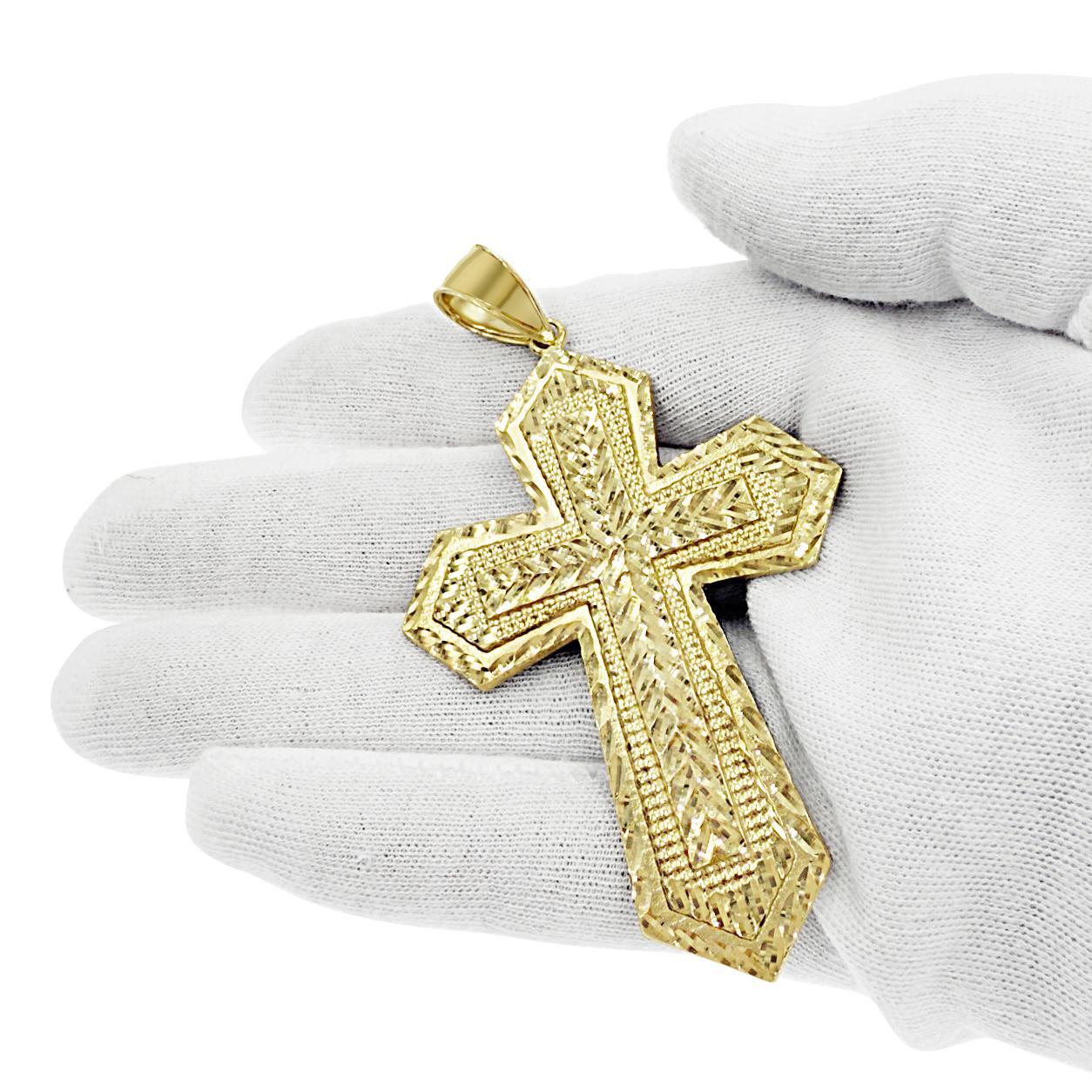10K Yellow Gold Large Mens Cross Pendant Textured Charm 3.2 Inch