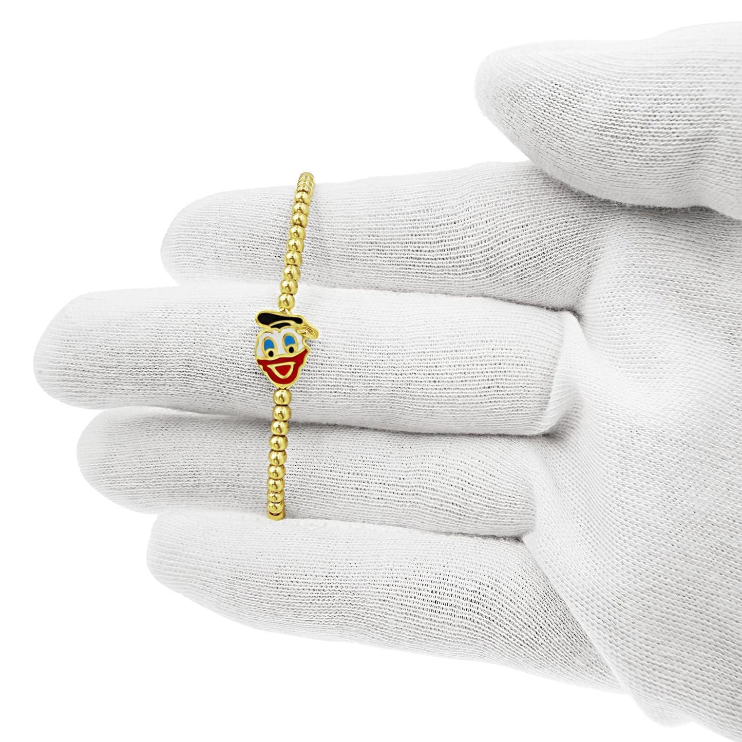 10k Yellow Gold Kids Beaded Bracelet Donald Duck Enamel Adjustable Charm