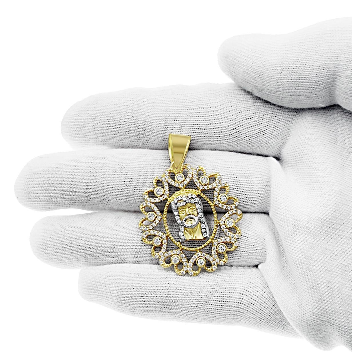 14K Two Tone Gold Jesus Head Heart Frame Pendant With CZ Religious Charm 1.6 in