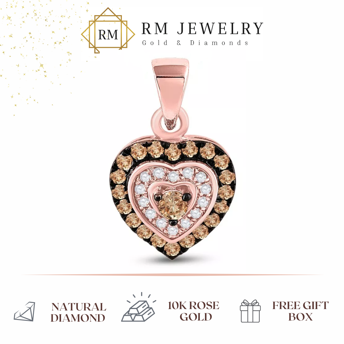 Chocolate Diamond Heart Pendant 10k Rose Gold Womens Round 1/3Cttw