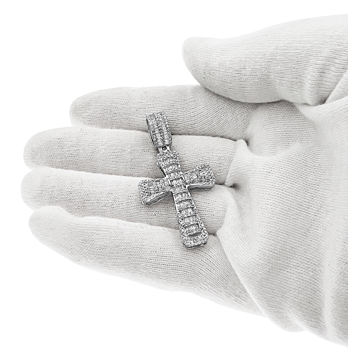 1.38 Cttw Baguette Round Diamond Cross Pendant Mens Charm 14k White Gold