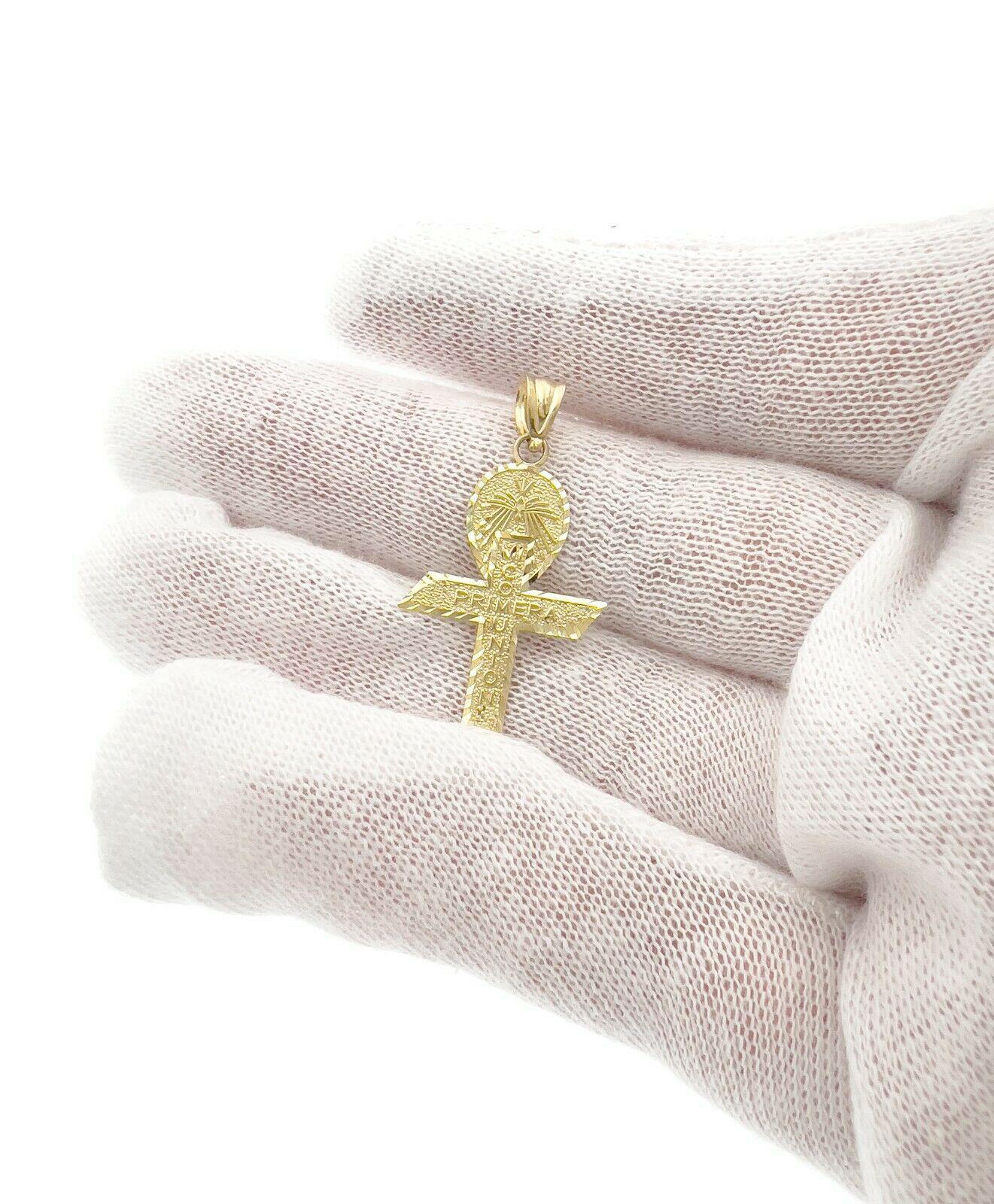 10k Yellow Gold Primera Comunion Cross Pendant Charm 1.3 inch