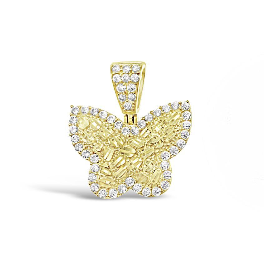 Butterfly Nugget Pendant Real 10k Yellow Gold CZ Charm 0.9 inch
